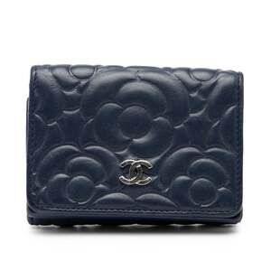 CHANEL Camellia Coco Mark Tri-fold Wallet Navy Leather Women's